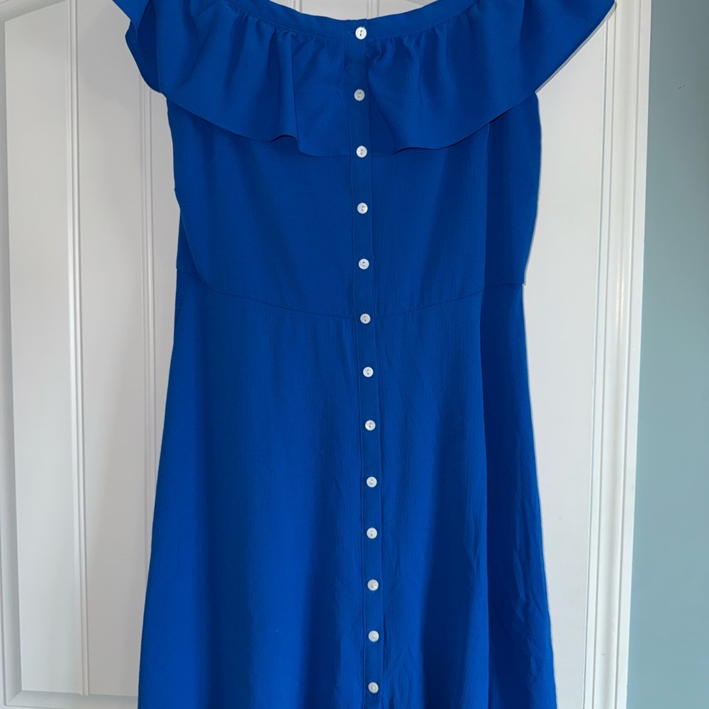 Roz & Ali Blue Off-Shoulder Button Front Dress – Size 10P